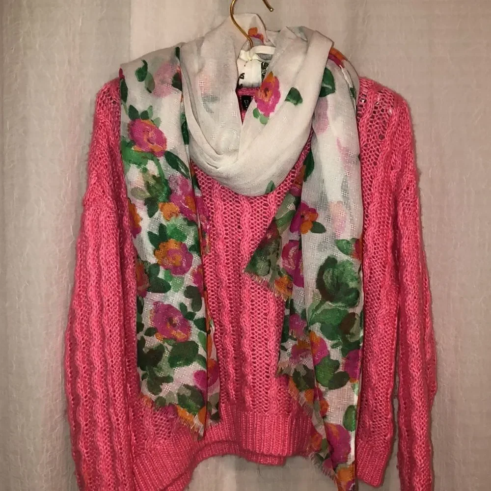 Charming Charlie White Orange Fuchsia Green Textured Floral Scarf Wrap